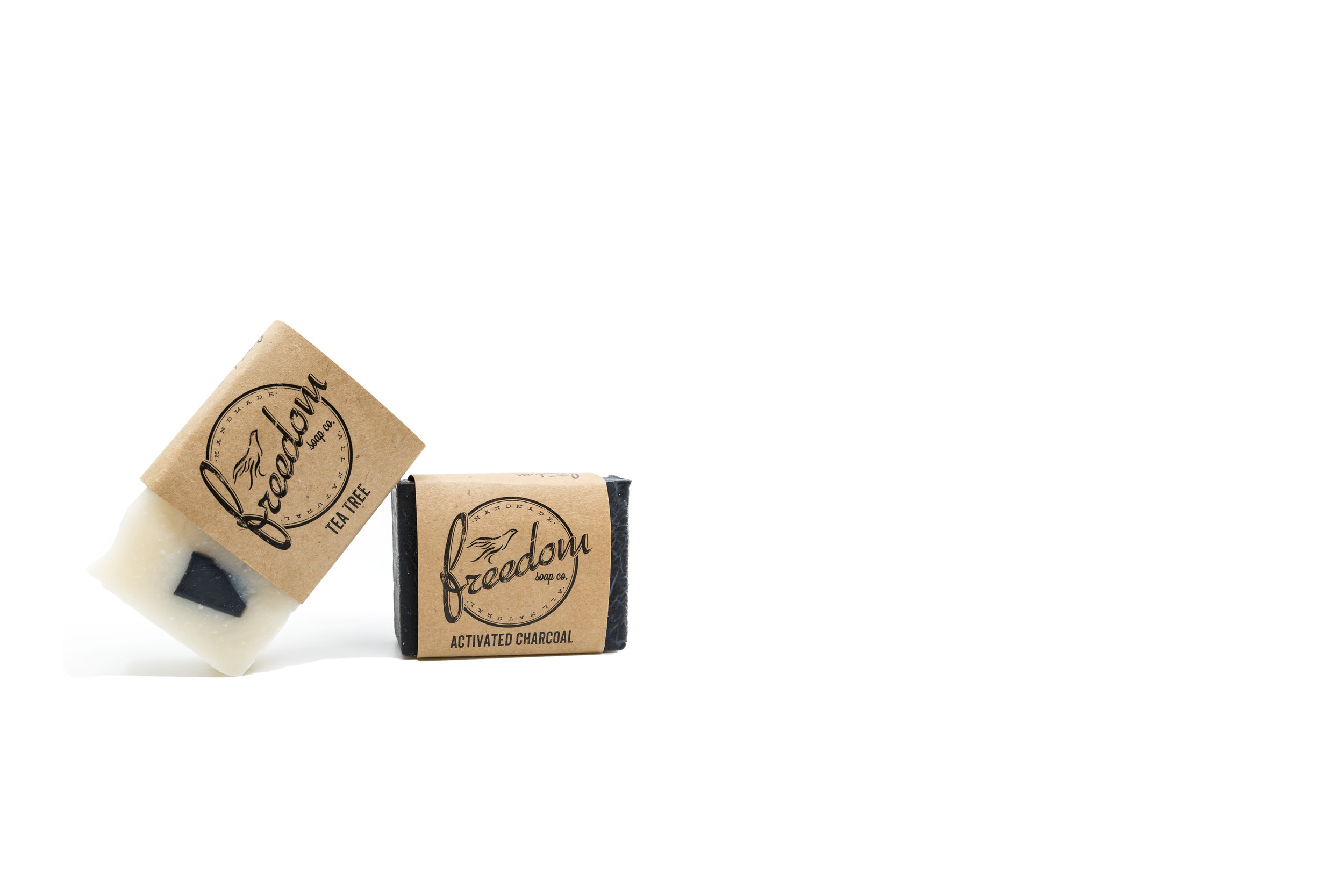 Product photography created for Freedom Soap Company featuring their all natural Tea Tree and Activated Charcoal soaps.