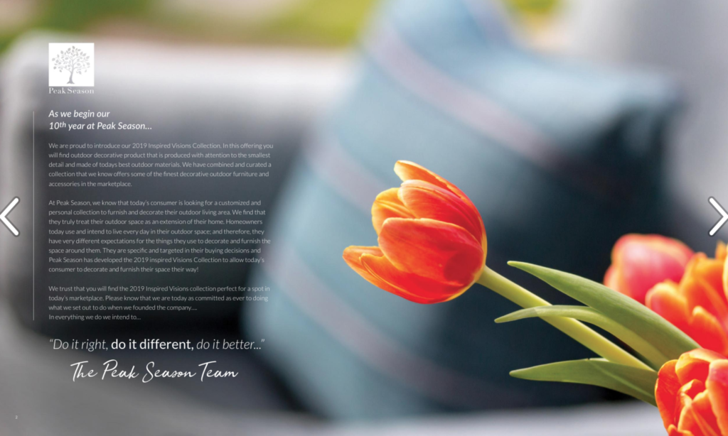 inside cover of peak season catalog featuring orange tulips in front of outdoor sofa set